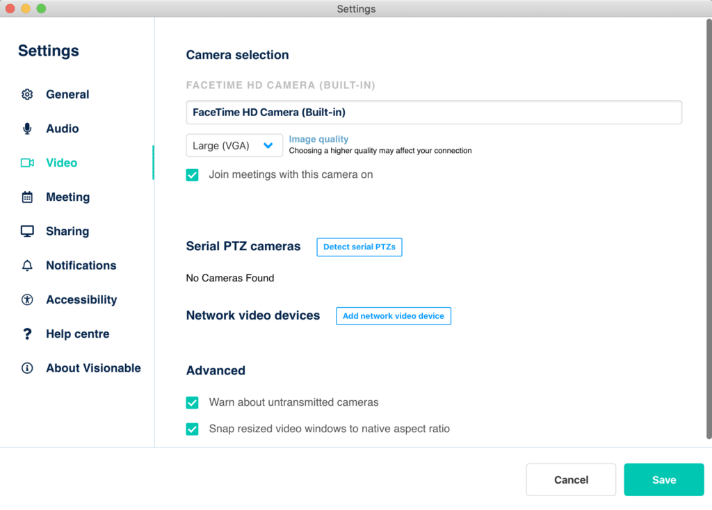 Image of Visionable camera settings