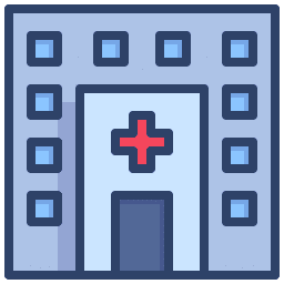 Hospital building icon with a red cross above the door